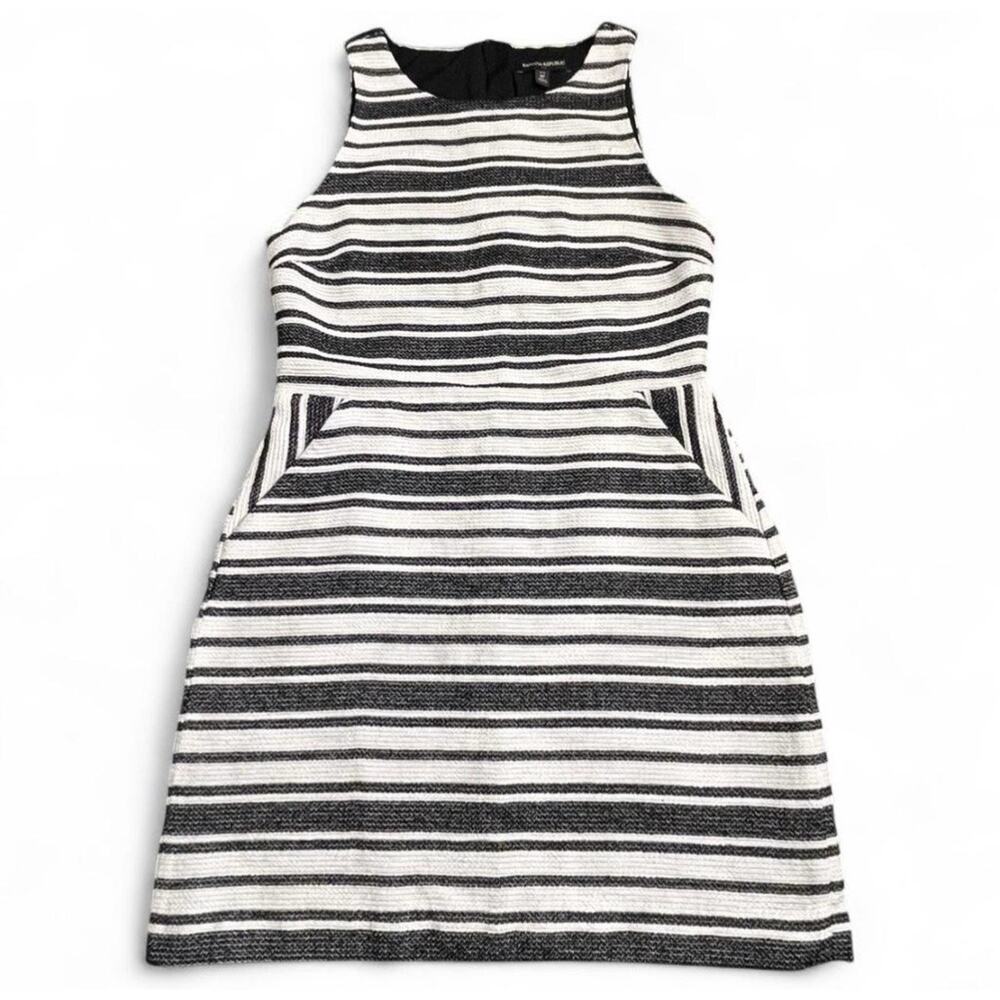 Banana Republic White/Black Stripe Sleeveless Sheath Dress With Front Pockets